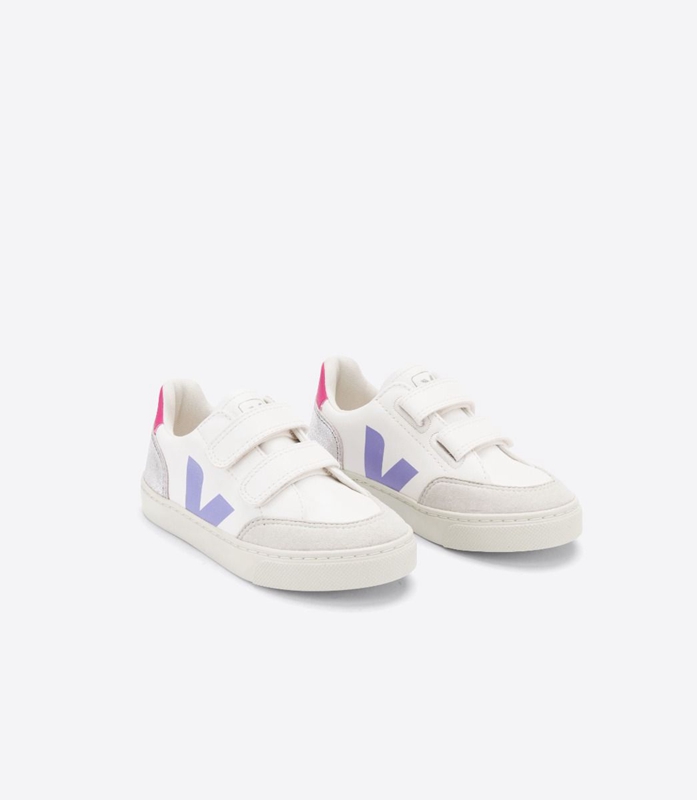 White Veja Leather Multico Silver Kids' V-12 | IWGAFR-072